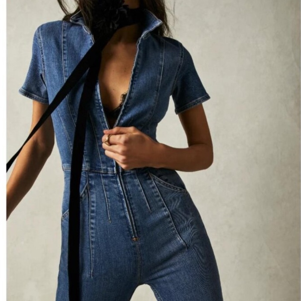 NWT Free People Jayden Flare Jean Jumpsuit in Sunburst Blue Size XL